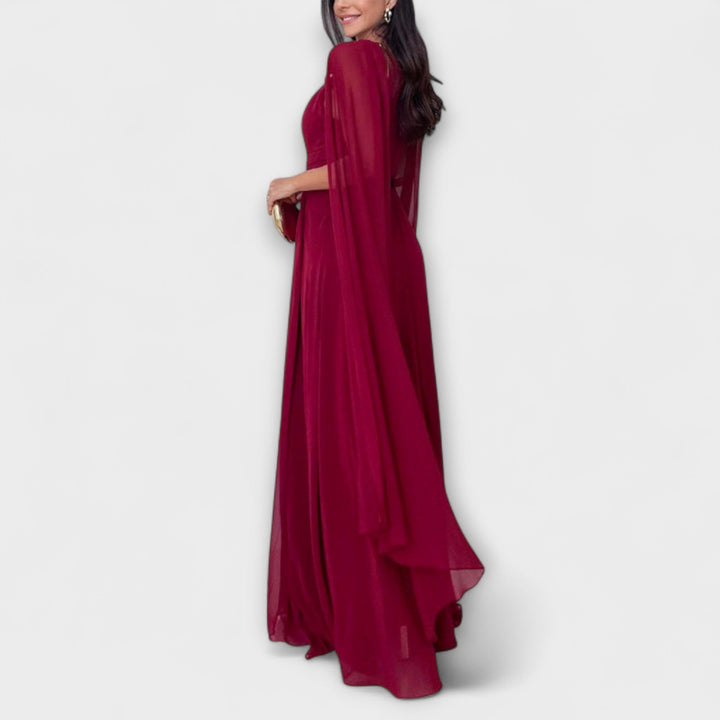 Mabel - Elegantní maxi šaty s pláštěm a vysokým rozparkem
